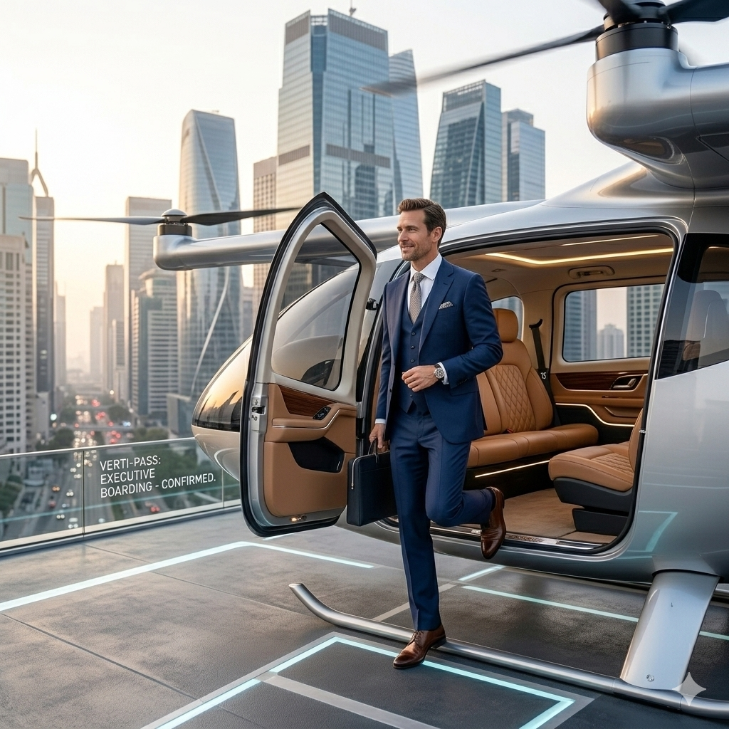 Corporate air taxi landing on executive building in Singapore